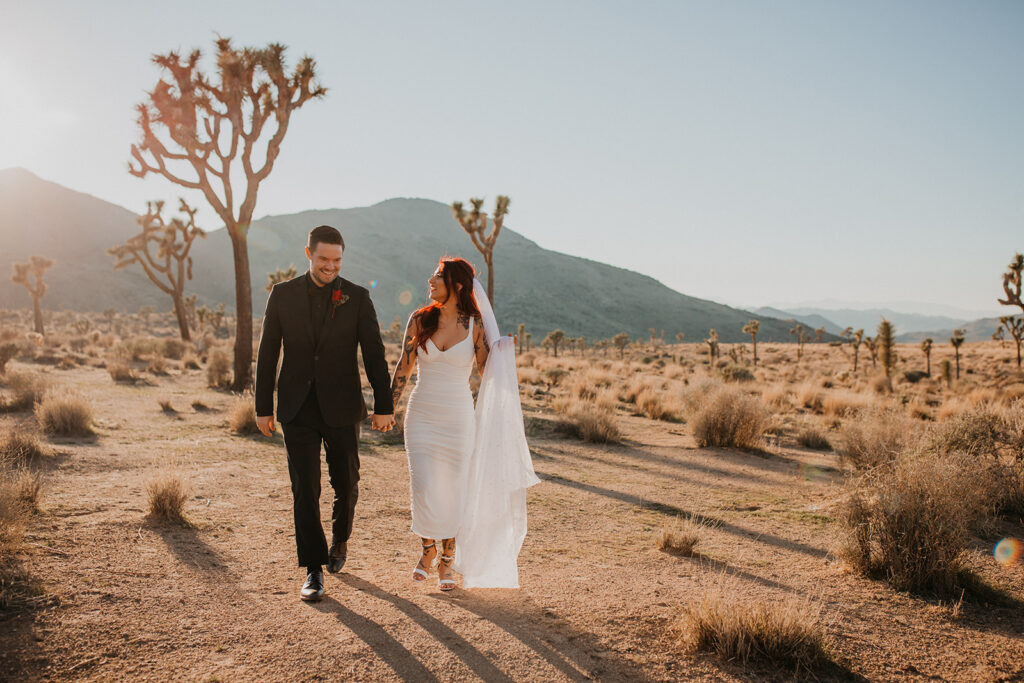 A Bride and Groom walk through Joshua Tree National Park after their intimate elopement ceremony.