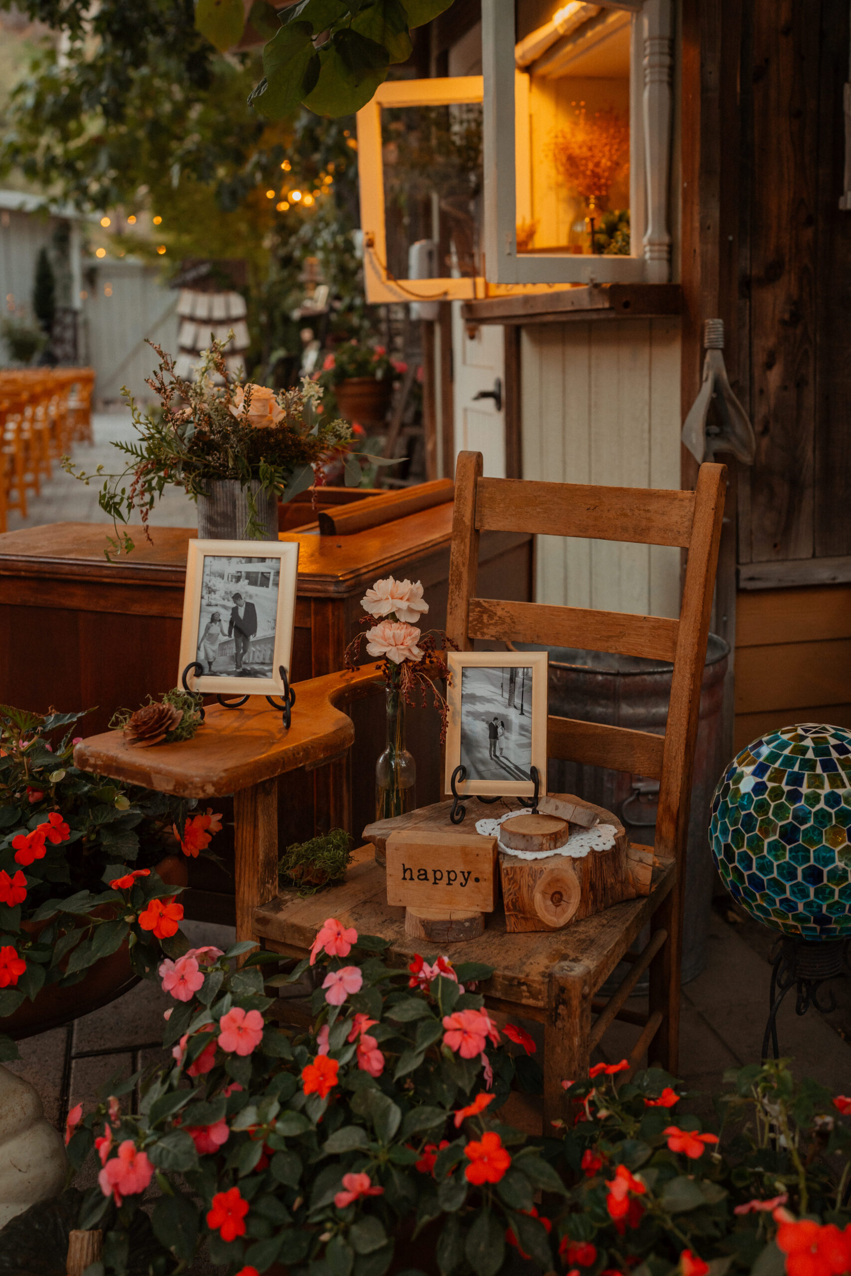 The bride and groom's photos on display at the homestead in oak glen california