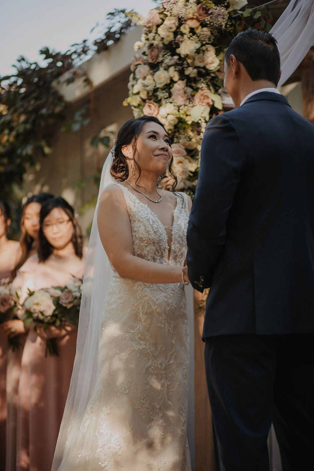 Bride at her ceremony at the homestead in oak glen.