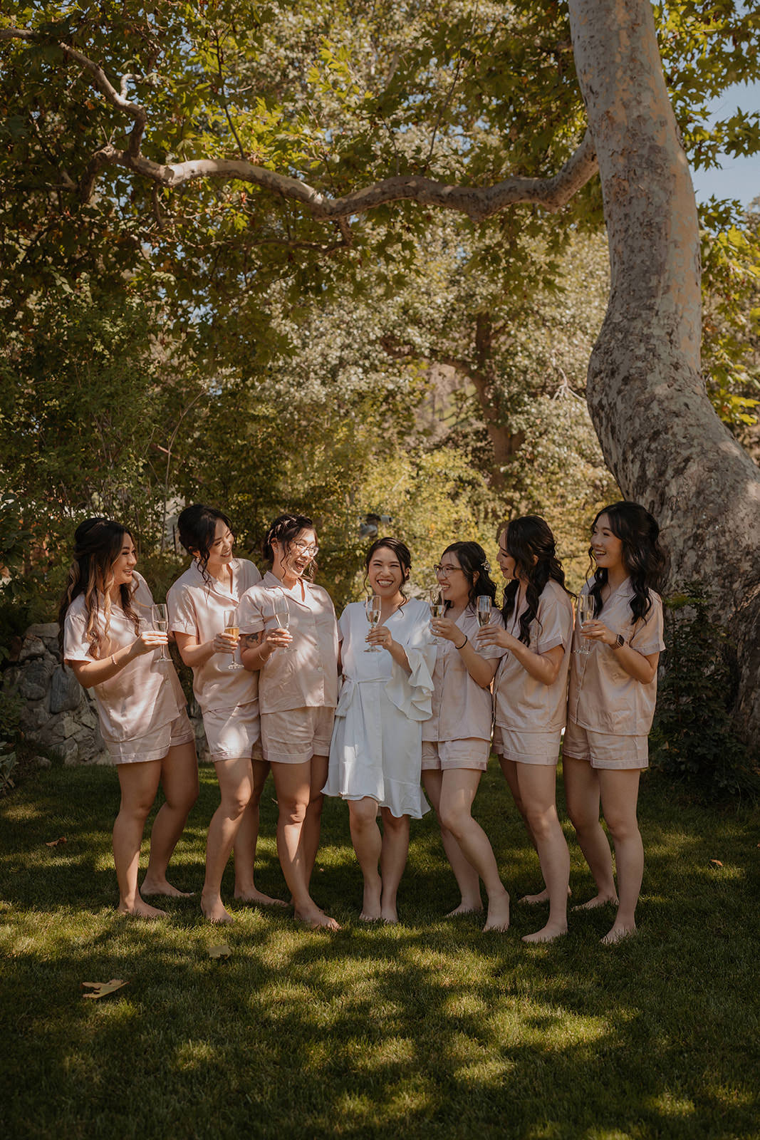 Bridal party in robes at the homestead in oak glen