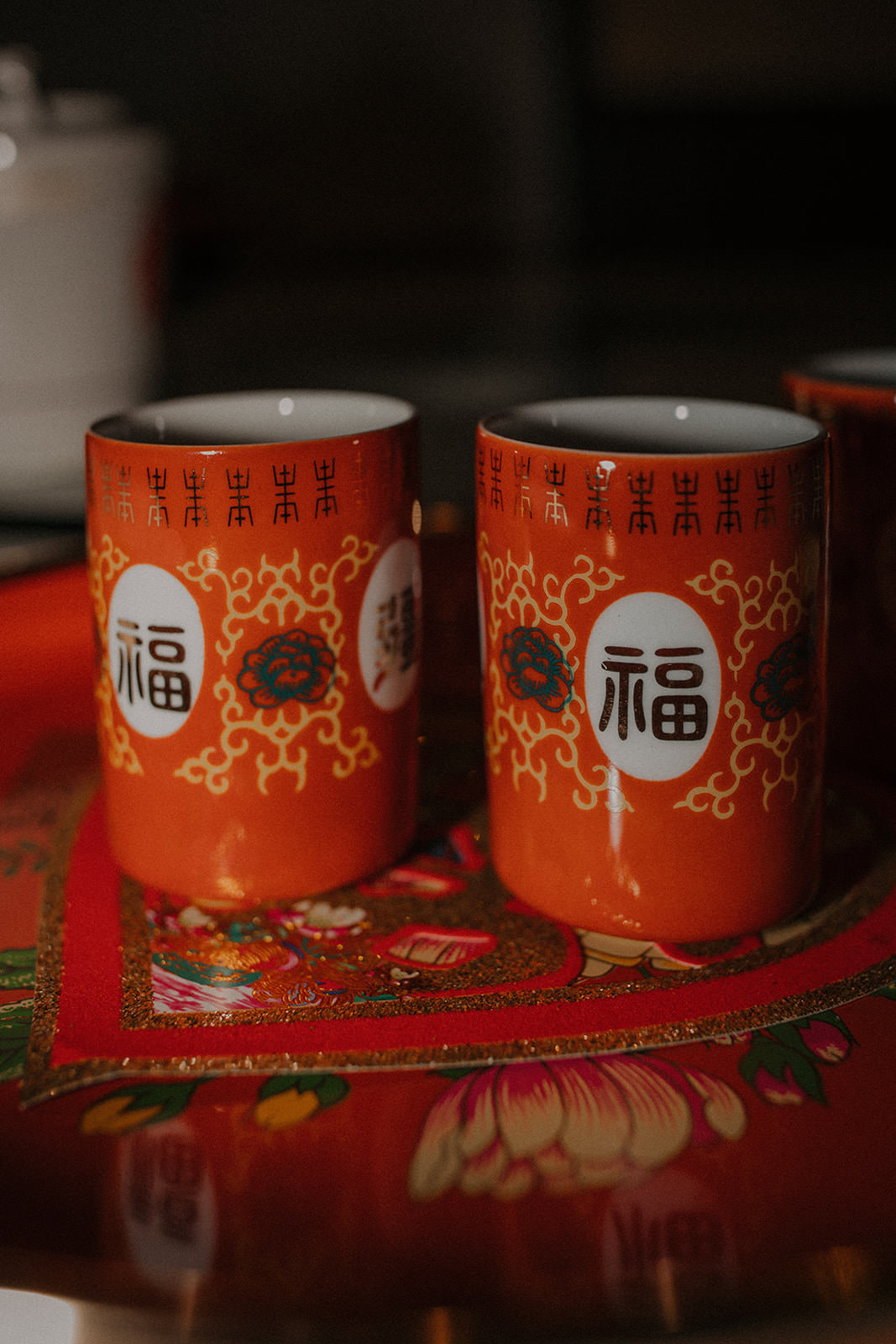 chinese tea cups at bride and groom tea ceremony