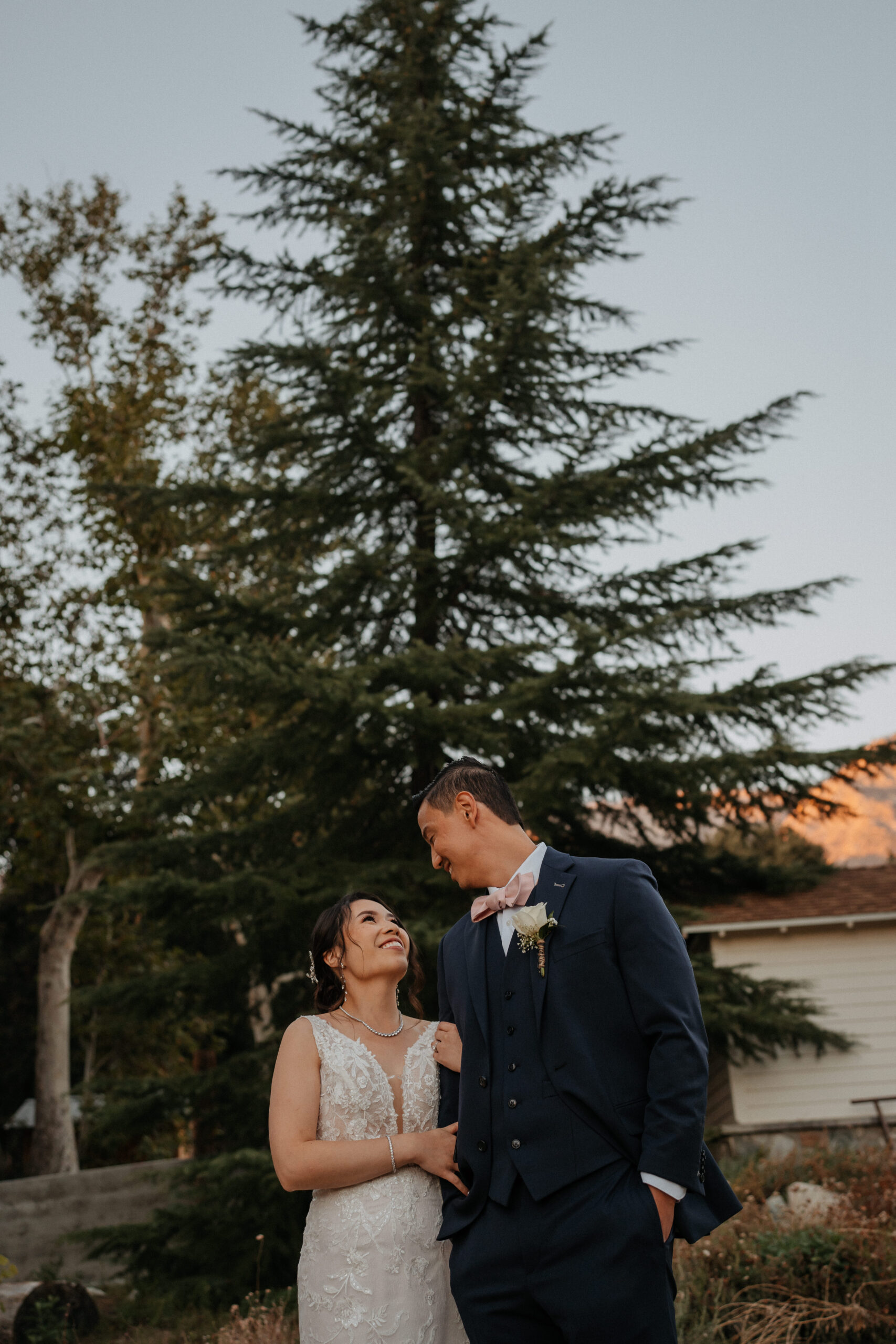 Bride and groom with pine trees at the homestead oak glen